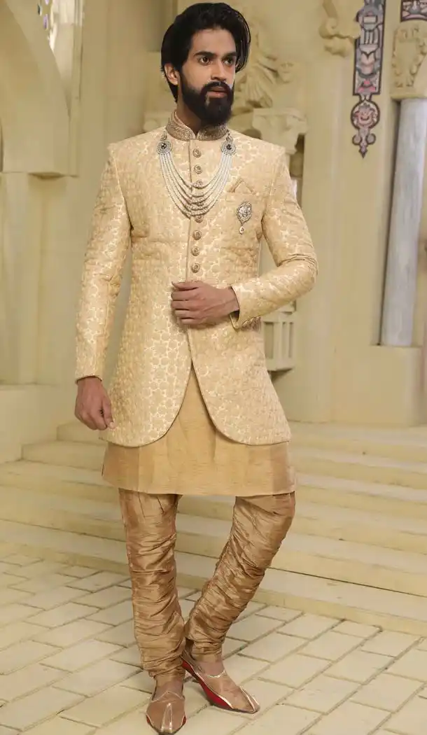 Indo Western Sherwani designs in Cream Color Raw Silk -508562406