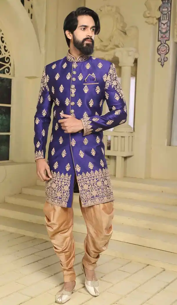 Indo Western Sherwani Fancy Embroidery Designs in Blue Color Raw Silk -508562407