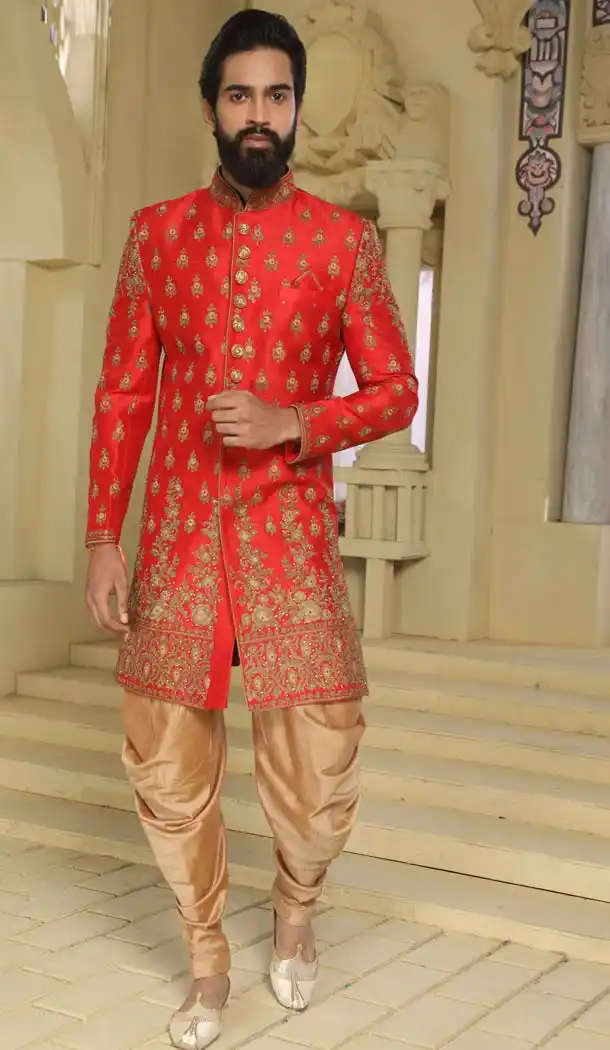 Indo Western Sherwani in Red Color Raw Silk -508562408