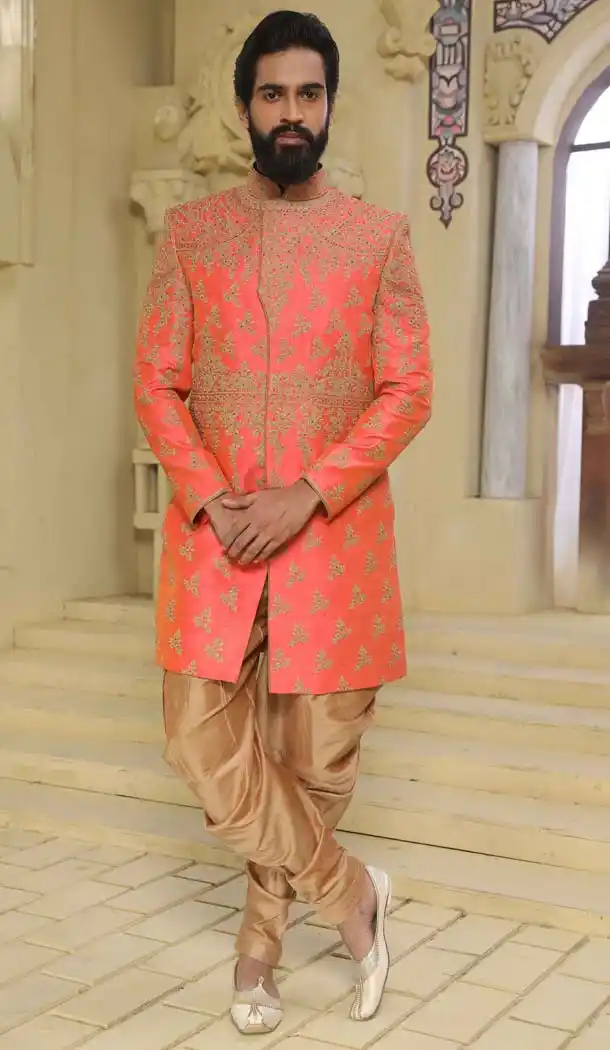 Buy Indo Western Sherwani in Redish Peach Color Online Raw Silk -508562409