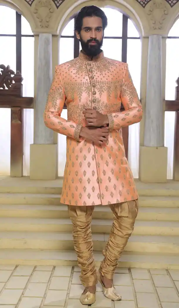 Peach Raw Silk Indo Western Sherwani -508562410
