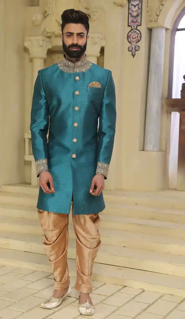Dhoti Style Indo Western Sherwani in Steel Green -508562413