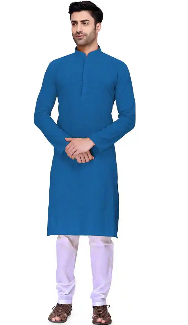 Men Kurta and Pajama Row Silk in Blue -508962442