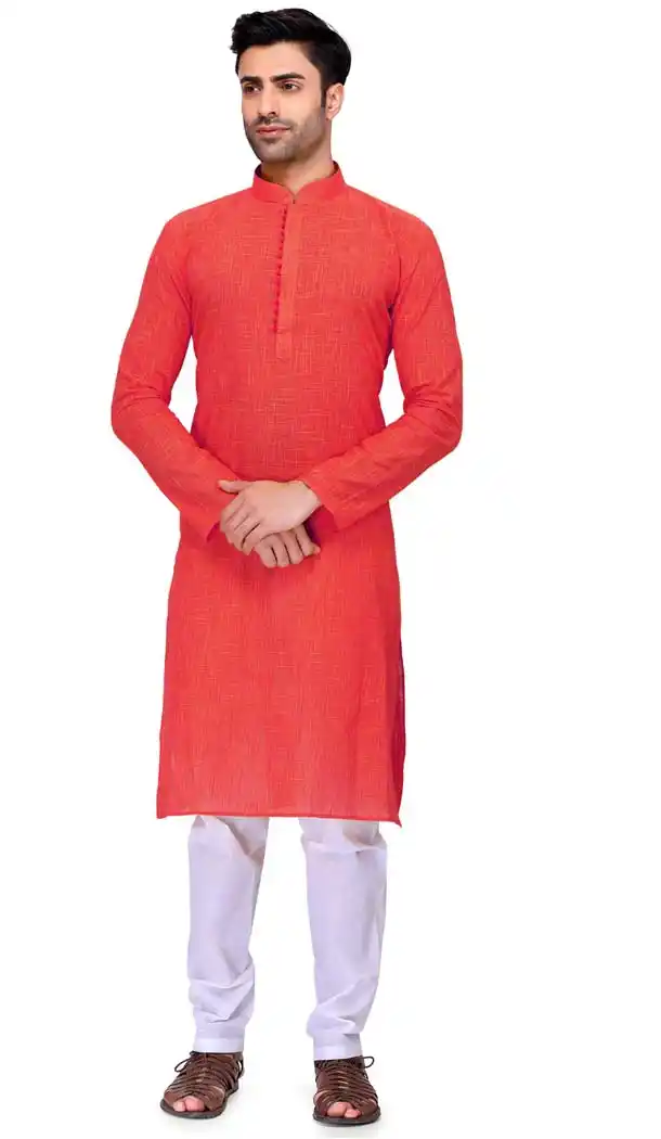 Red Men Kurta and Pajama Set Row Silk -508962443
