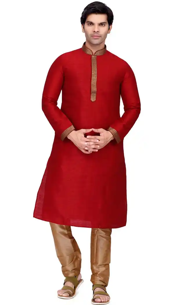 Kurta Pajama Design For Man Art Silk Red -508962459