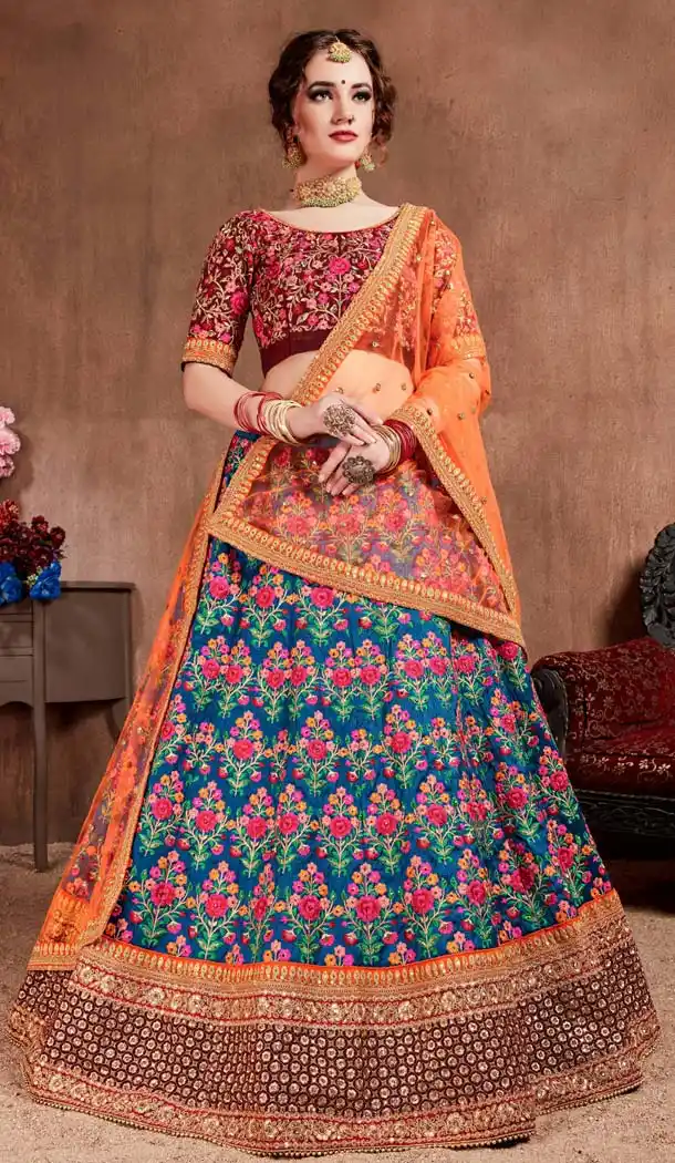 Blue Sangeet Lehenga in Mulberry Silk -580972310
