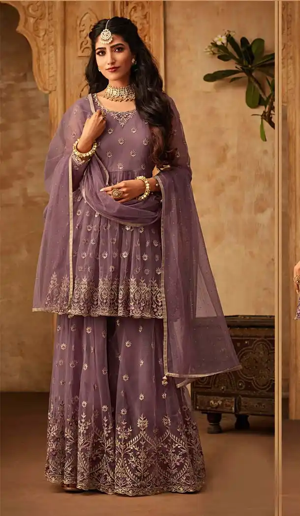 Wine Net Sharara Suits For Ladies  -581372337