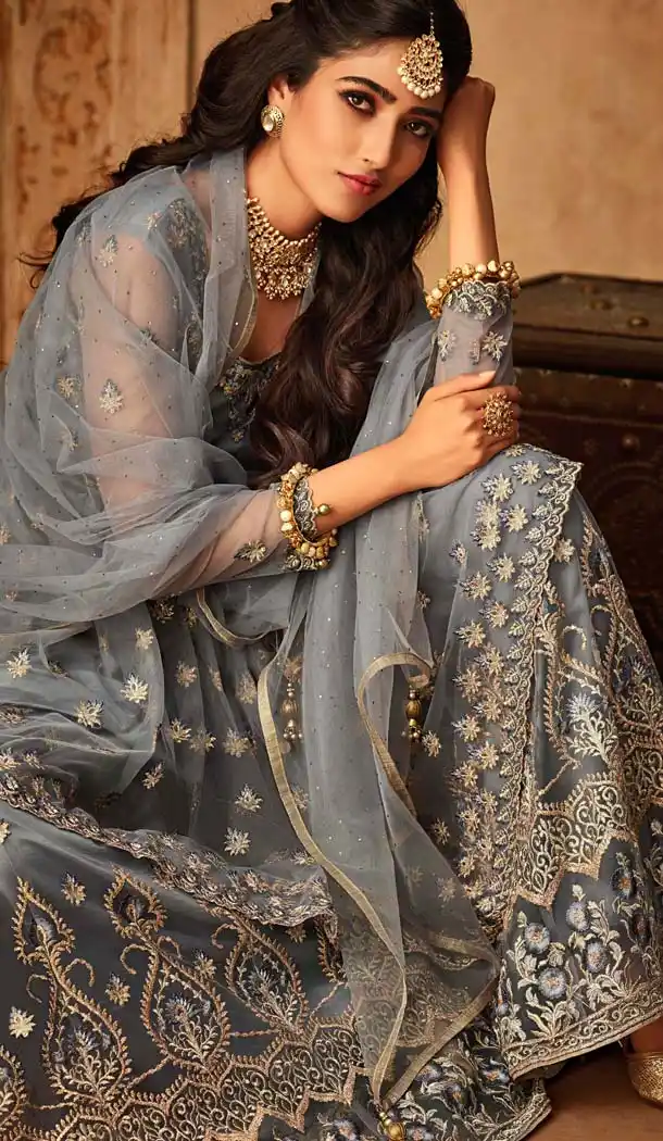 Grey Net Sharara Suit With Crop Top -581372338