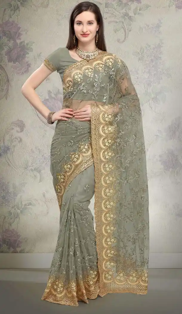 Net Designer Grey Saree Wedding -581672356