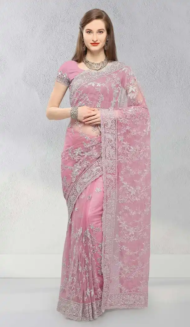 Net Designer Pink Sarees Heena Style -581672358
