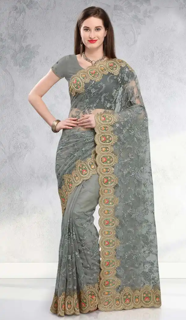 Designer Grey Net Saree-581672359