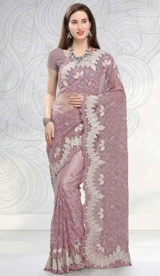 Purple Net Designer Saree with Blouse -581672364