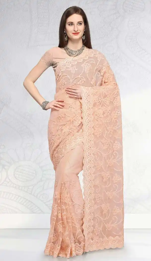 Bollywood Latest Cream Designer Net Saree -581672365