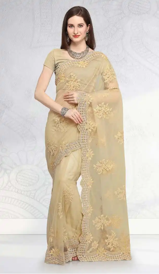 Designer Net Cream Sarees for Wedding -581672367