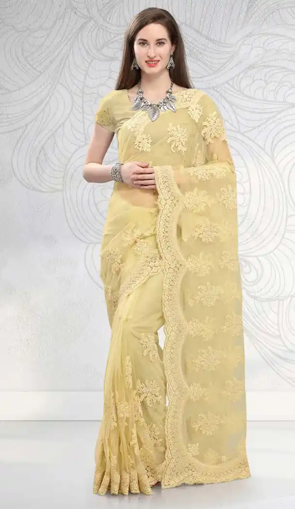 Designer Net Light Yellow Sarees Online -581672369