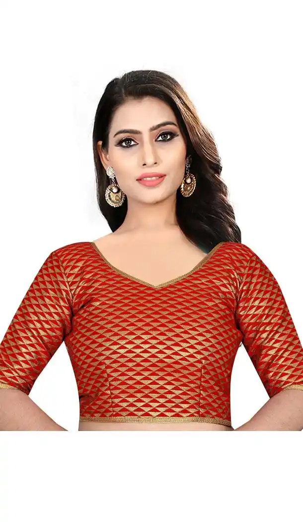 Red Color Brocade V Neck Plus Size Readymade Casual Blouse -4563891