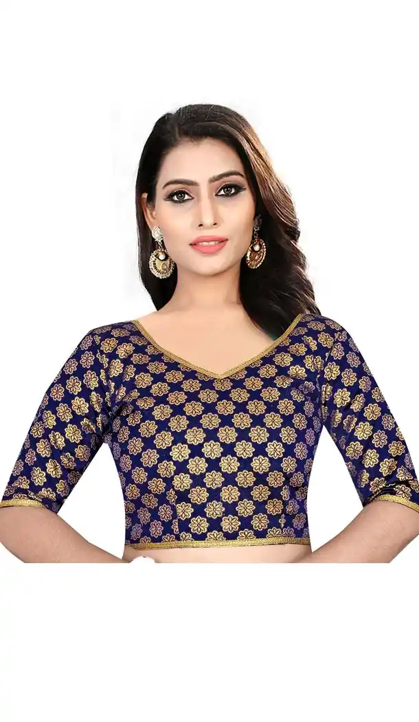 Blue Color Brocade V Neck Plus Size Readymade Casual Blouse -4563893