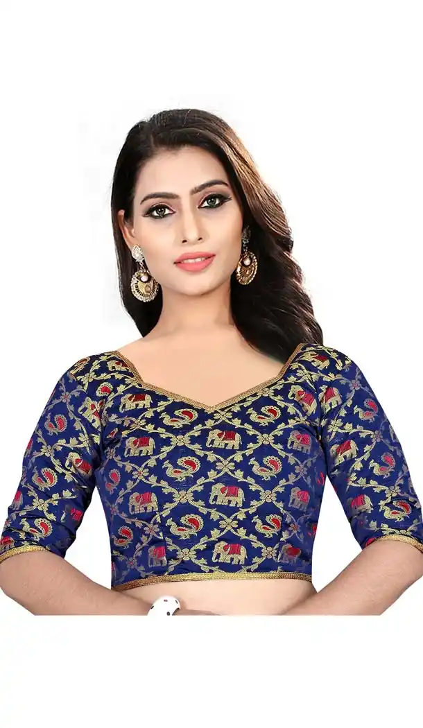 Blue Color Brocade V Neck Plus Size Readymade Casual Blouse -4563895