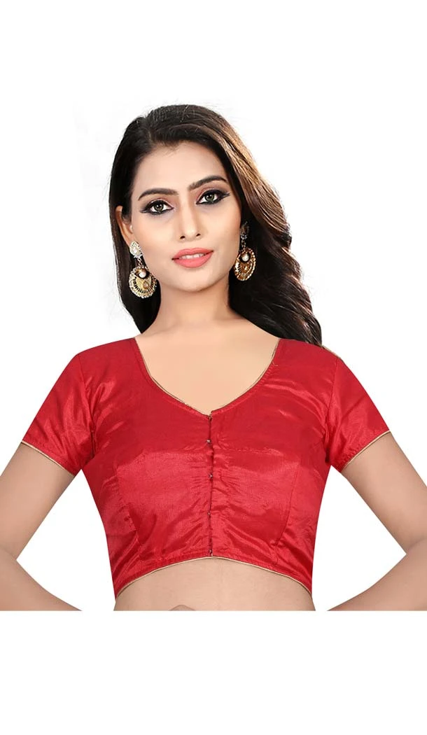 Red Color Raw Silk Fancy Neck Plus Size Readymade Casual Blouse -4583900