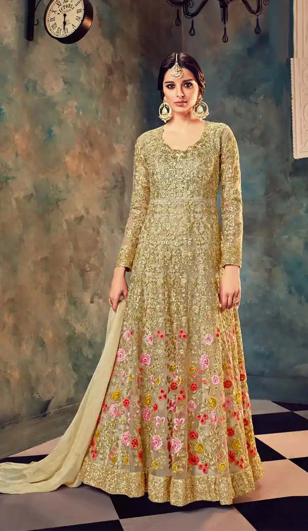 Beige Cyan Color Butterfly Net Pakistani Style Designer Salwar Kameez -420361776
