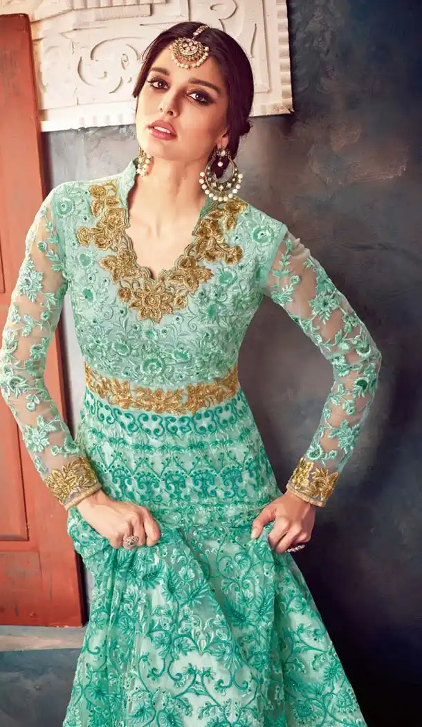 Aqua Green Color Butterfly Net Pakistani Style Designer Salwar Kameez -420361777
