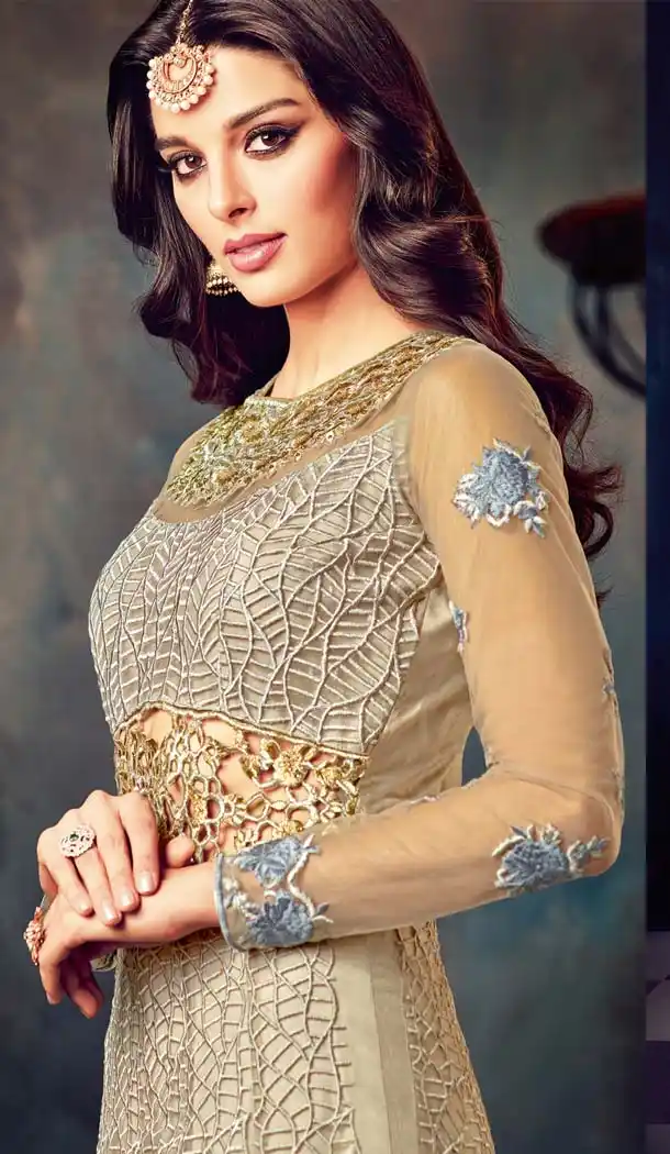 Light Chiku Color Butterfly Net Pakistani Style Designer Salwar Kameez -420361778
