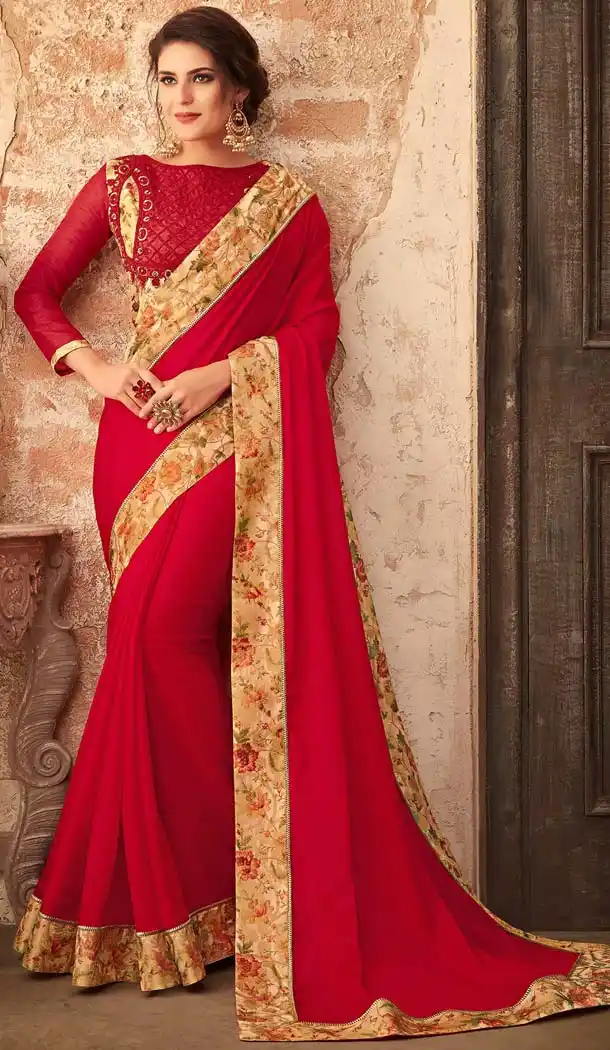 Red Color Georgette Embroidery Party Wear Sarees -421061840