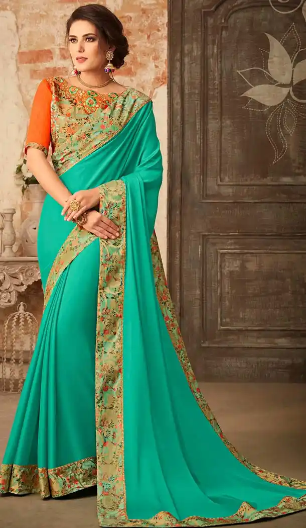 Green Color Georgette Embroidery Party Wear Sarees -421061841