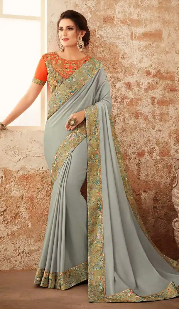 Grey Color Georgette Embroidery Party Wear Sarees -421061843