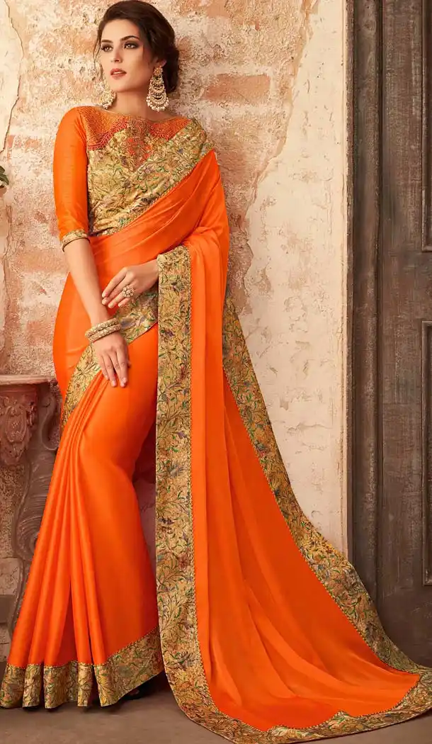 Orange Color Georgette Embroidery Party Wear Sarees -421061844