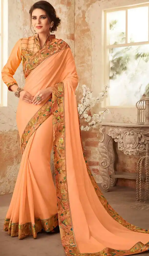 Peach Color Georgette Embroidery Party Wear Sarees -421061847