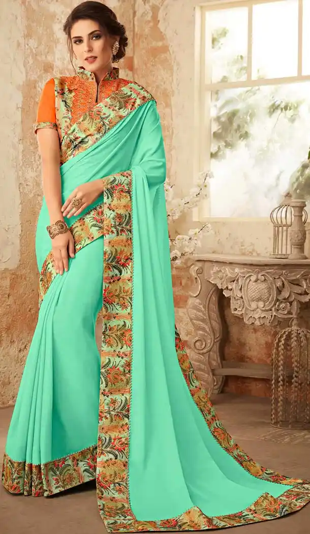 Turquoise Color Georgette Embroidery Party Wear Sarees -421061848