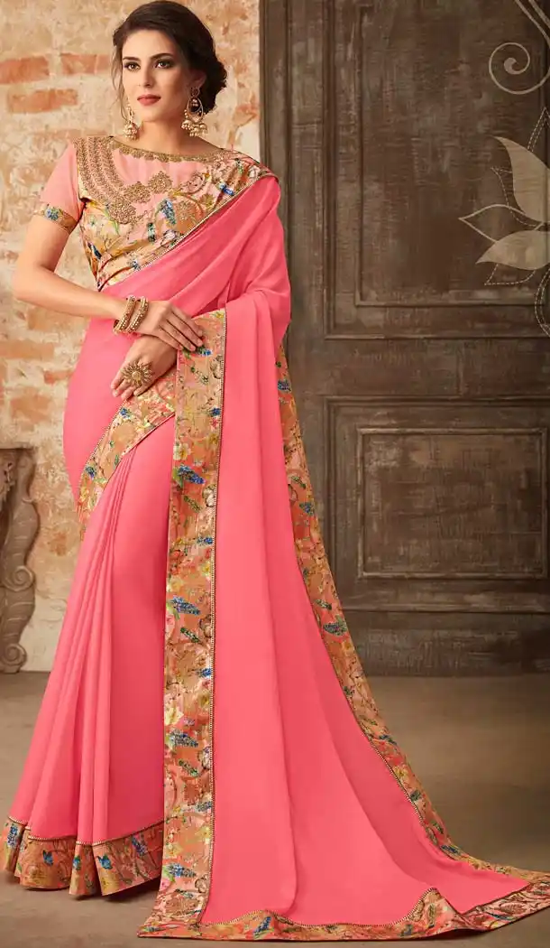Pink Color Georgette Embroidery Party Wear Sarees -421061849