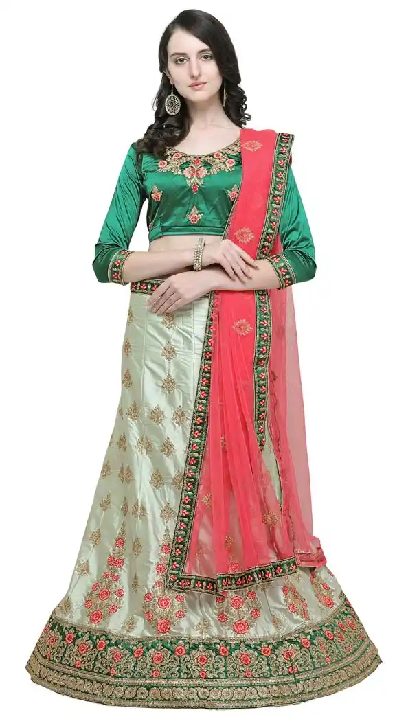 Green Color Satin Silk Treditional Wear Lehenga Choli -422561985
