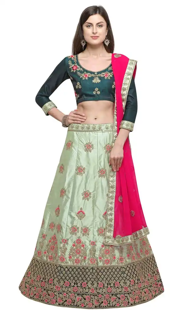 Green Color Satin Silk Embroidery Circular Lehenga Choli -422962000