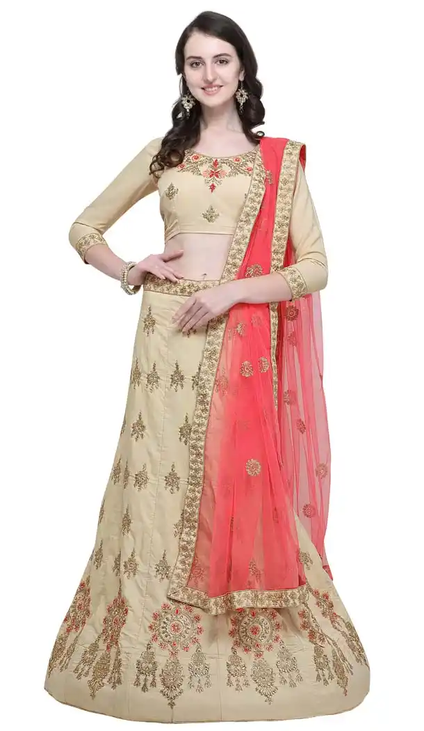 Embroidery Beige Color Satin Silk Traditional Chaniya Choli -424062080