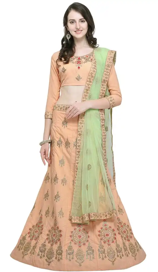 Embroidery Peach Color Satin Silk Traditional Chaniya Choli -424062082