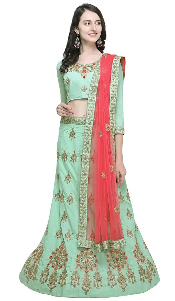 Embroidery Green  Color Satin Silk Traditional Chaniya Choli -424062083