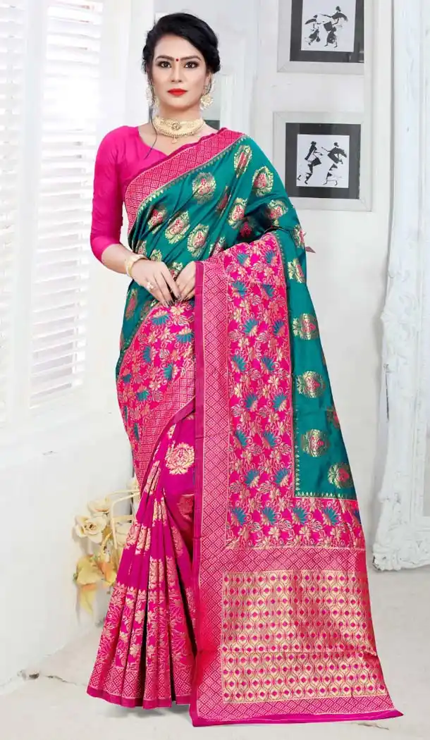 Pink Color Silk Treditional Wear Woven Saree Blouse -426362238