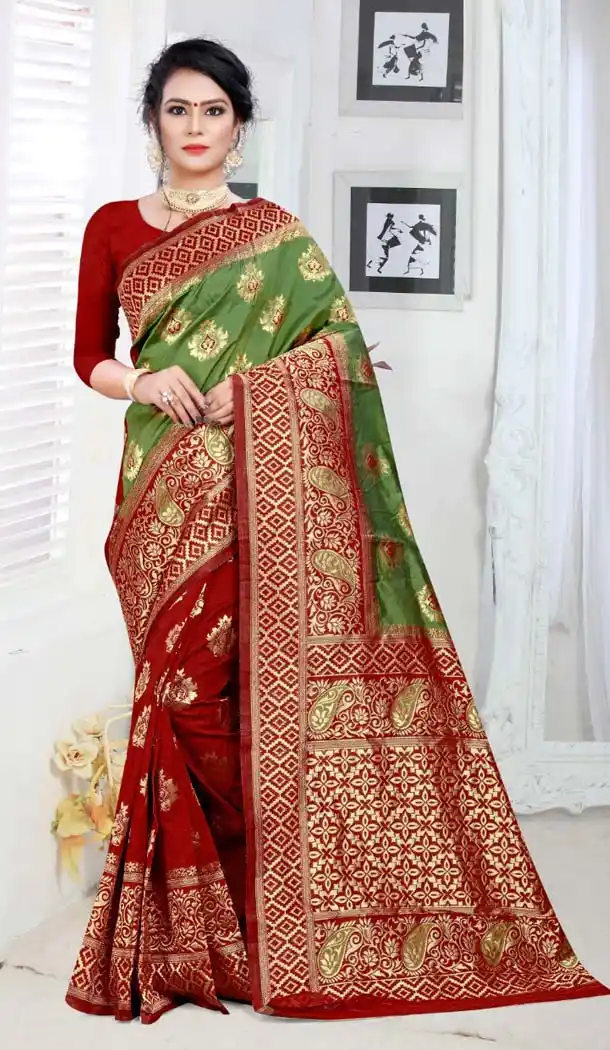 Gleaming Green Color Silk Treditional Wear Woven Saree Blouse -426362245