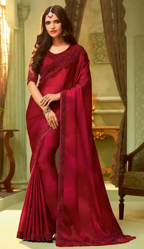 Red Color Mulmul Silk Party Wear Saree Blouse -583072531