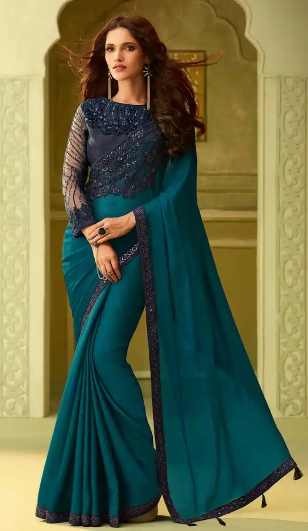 Sea Blue Color Luxury Silk Party Wear Saree Blouse -583072533