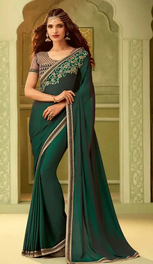 Forest Green Color Mulmul Silk Party Wear Saree Blouse -583072539