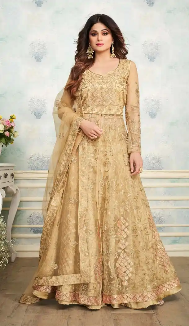Golden Color Heavy Butterfly Net Designer Anarkali Salwar Kameez -583472580