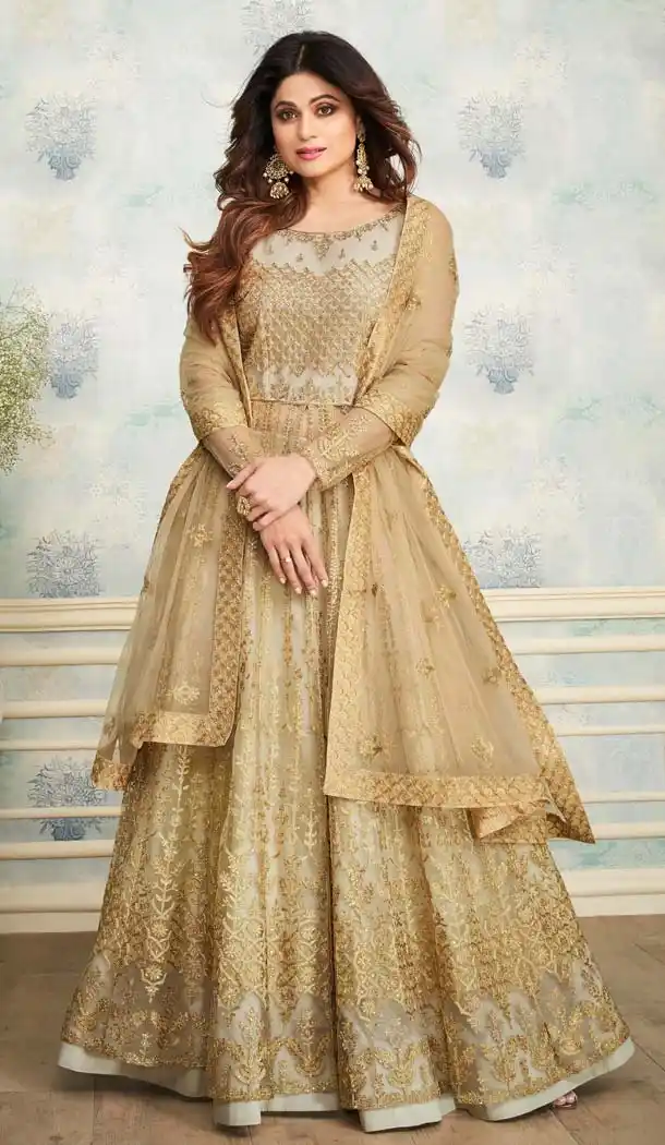 Beige Color Heavy Butterfly Net Designer Anarkali Salwar Kameez -583472582