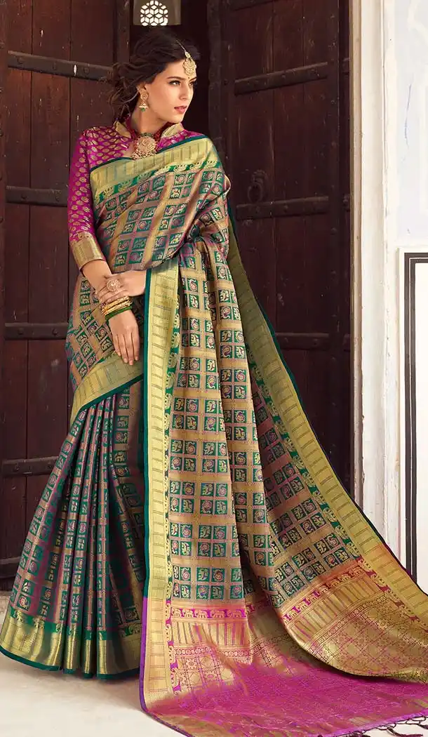 Rani Pink Color Banarasi Weaving Silk Treditional South Saree -583872606