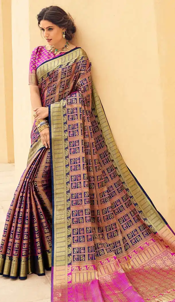Rani Pink Color Banarasi Weaving Silk Treditional South Saree -583872609