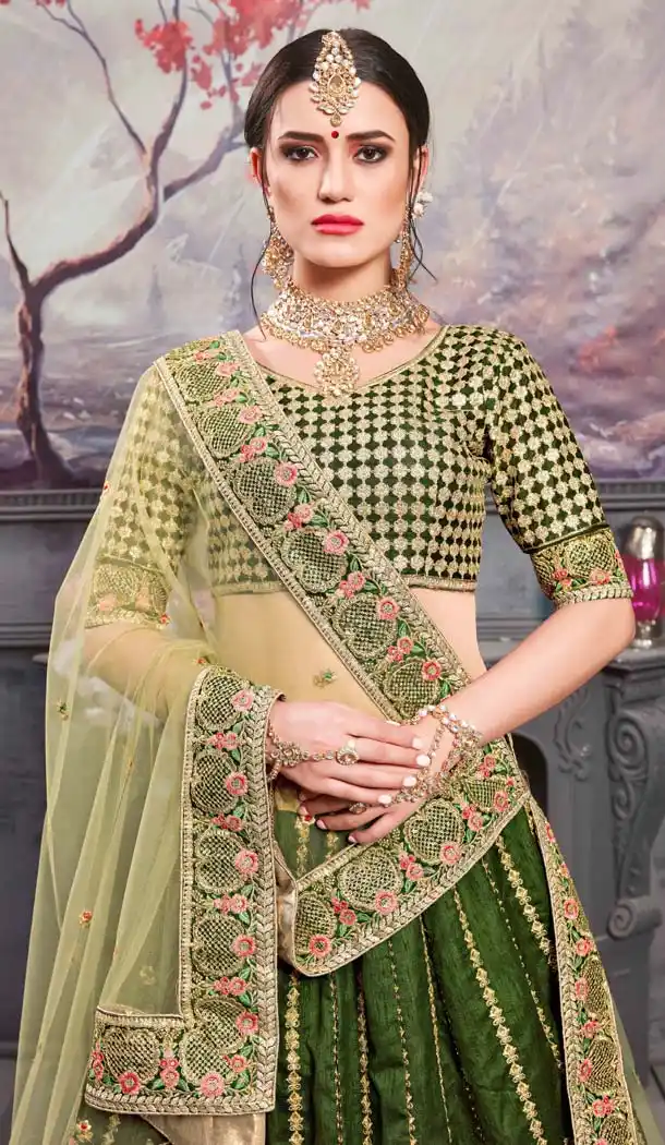 Pine Green Color Thai Silk Designer Mehendi Ceremony Lehenga -586772859