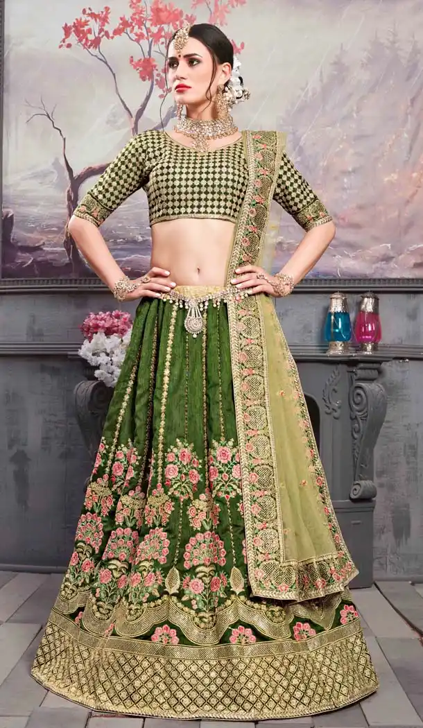 Pine Green Color Thai Silk Designer Mehendi Ceremony Lehenga -586772859