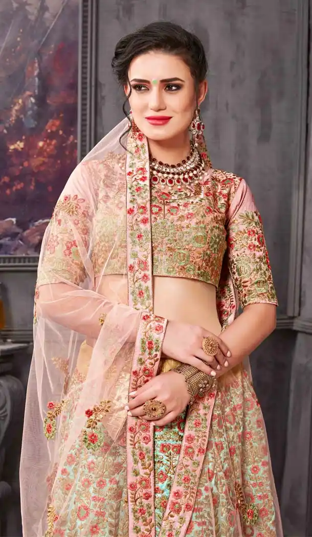 Breezy Blue Color Phantom Silk Designer Mehendi Ceremony Lehenga -586772861